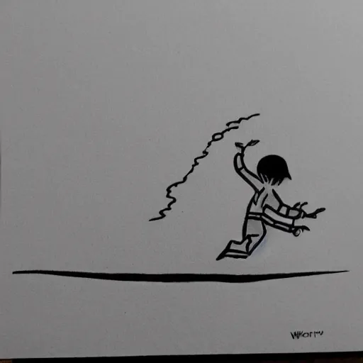 Image similar to minimalistic neat ink drawing of cartoon wizard falling above the sea, by Bill Waterson, by Rutkowsky,