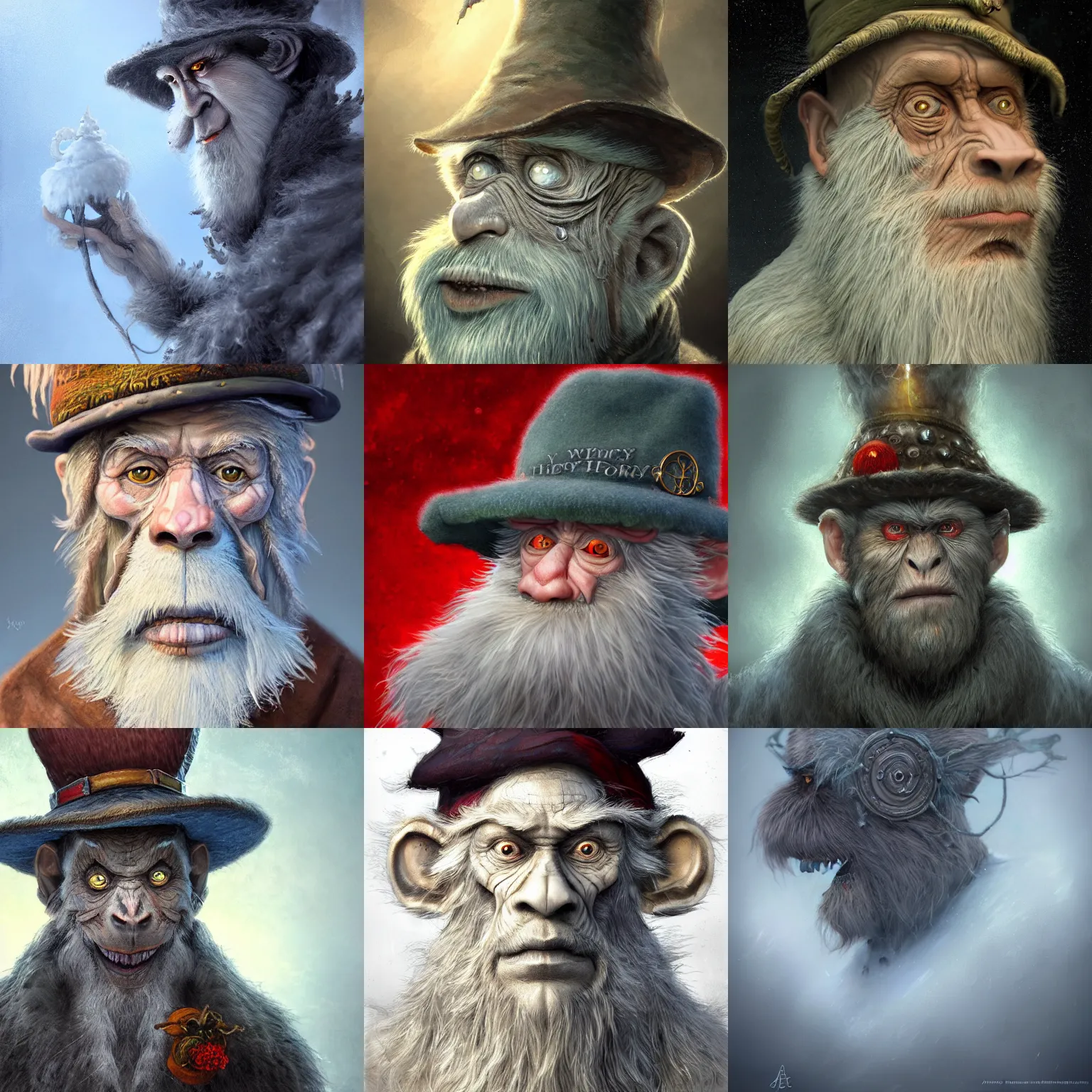 Prompt: a wlop 3 d render of very very very very highly detailed beautiful mystic portrait of a horror wind phantom ape mage with stylish hat and frosty background by anton pieck, intricate, extremely detailed, digital painting, artstation, concept art, smooth, sharp focus, illustration, intimidating lighting, incredible art,