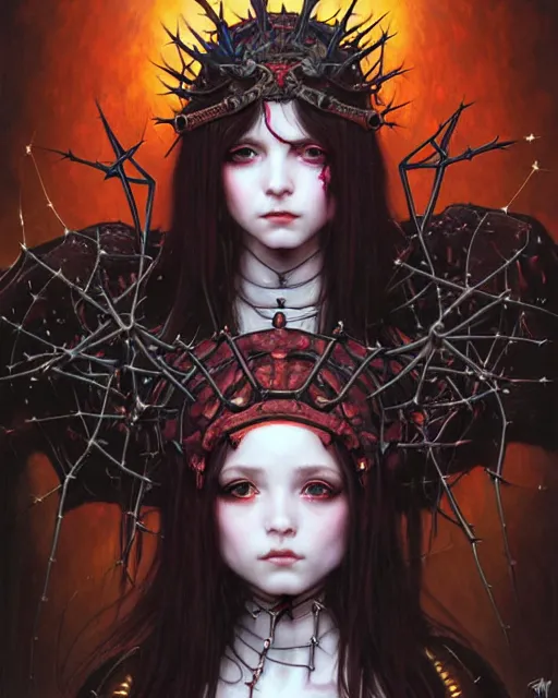 Image similar to portrait of beautiful cute goth maiden girl with crown of thorns in warhammer demonic mechanical armor, high details, neon colors, art by ( ( ( kuvshinov ilya ) ) ) and wayne barlowe and gustav klimt and artgerm and wlop and william - adolphe bouguereau