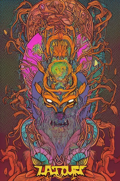 Image similar to animal mask totem roots flower tribal feather gemstone plant wood rock shaman vodoo video game vector cutout illustration vivid multicolor borderlands comics by josan gonzales and dan mumford radiating a glowing aura