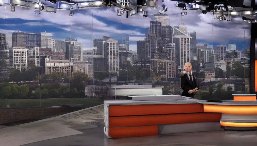 Prompt: A backdrop for the set of a news show depicting buildings from Washington jumbled together