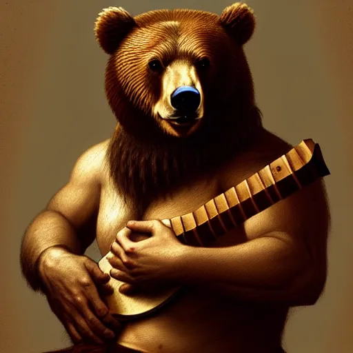 Image similar to renaissance upper body portrait of a realistic bear playing lute, lean and toned, handsome face, hairy chest, D&D, intricate, elegant, highly detailed, digital painting, artstation, concept art, matte, sharp focus, illustration, art by da Vinci, Artgerm and Greg Rutkowski and Alphonse Mucha