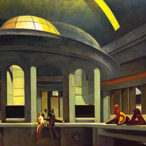 Image similar to three brutalist robotic seers watchers oracles soothsayers inside a dome, pj crook, grant wood, edward hopper, syd mead, oil on canvas