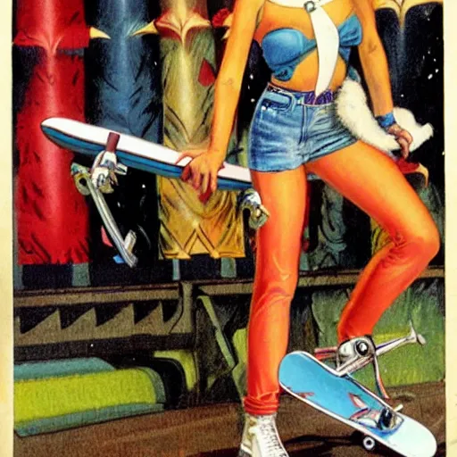 Image similar to Harley Queen as a skater, artwork by Earl Norem,