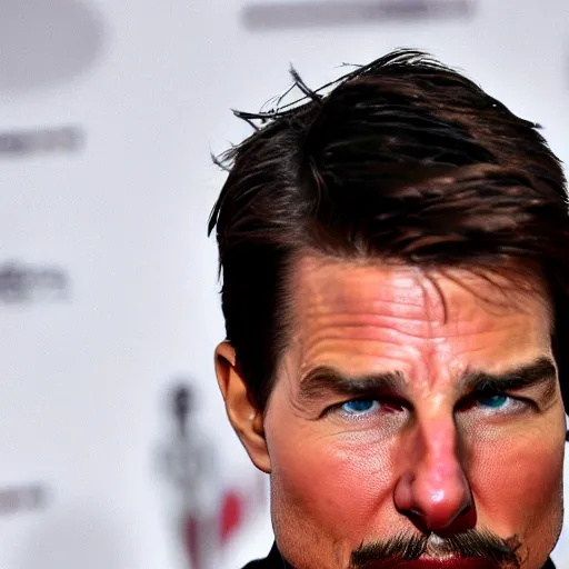 Image similar to paparazzi photo of tom cruise caught using a obviously fake mustache, wide angle, fisheye, uhd, 8 k, paparazzi, award winning