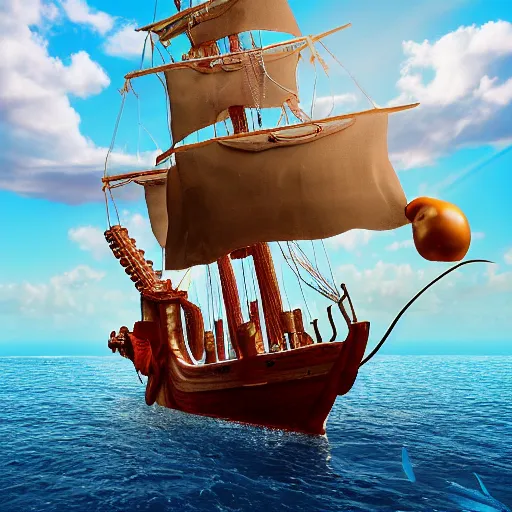 Image similar to a pirate ship on a baked beans sea 4k, photorealistic, high resolution