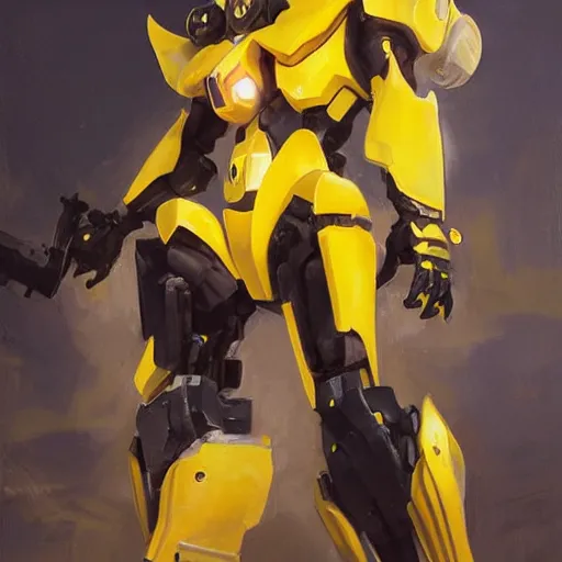 Image similar to greg manchess portrait painting of bumblebee the transformer as overwatch character, medium shot, asymmetrical, profile picture, organic painting, sunny day, matte painting, bold shapes, hard edges, street art, trending on artstation, by huang guangjian, gil elvgren, ruan jia, greg rutkowski, gaston bussiere