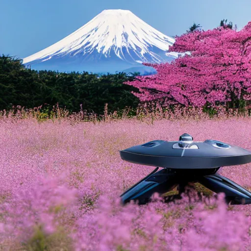 Prompt: a futuristic dieselpunk vehicle fused into hover craft 2 0 8 9 futuristic version, cyberpunk look hovering by mount fuji early in the morning with a few blossom trees around, high quality photo