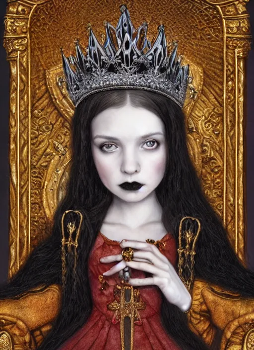 Image similar to highly detailed closeup portrait of a goth medieval princess wearing a crown and sitting on a throne, nicoletta ceccoli, mark ryden, lostfish, global illumination, god rays, detailed and intricate environment