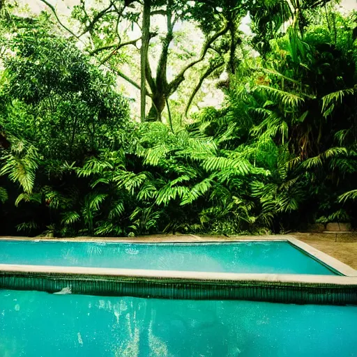 Prompt: in the middle of nowhere, swimming pool, greenery, jungle, sunlight, detailed, award winning photo, canon camera