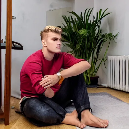 Image similar to jake paul sitting confused and sweating in a small european apartment.