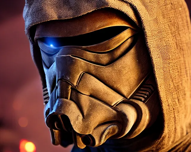 Prompt: star wars film still, closeup portrait of a dirty sand trooper bounty hunter wearing a hooded cloak, standing in a cantina, dust, scum and villainy, rim light, embers, hyper detailed, smooth, high contrast, concept art, gta v, volumetric lighting, ralph mcquarrie, doug chiang, ryan church