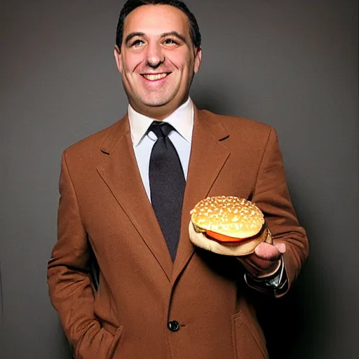 Image similar to full length shot : : clean - shaven smiling white chubby italian american man in his 4 0 s wearing a long brown overcoat and necktie and black shoes shoes shoes holding a burger, 2 0 0 6 advertising promo shot