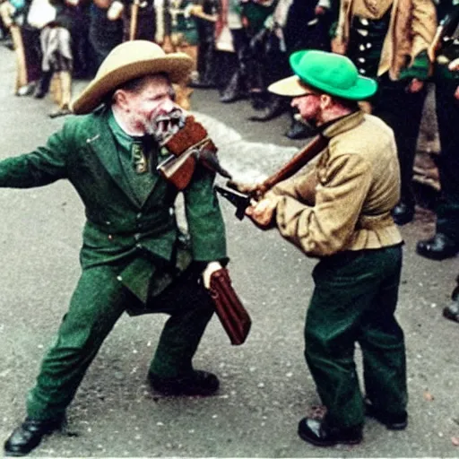 Image similar to leprechaun fighting with the ira, historical photograph, restored, gun, irish, terrorism, colorised, colourised, mask