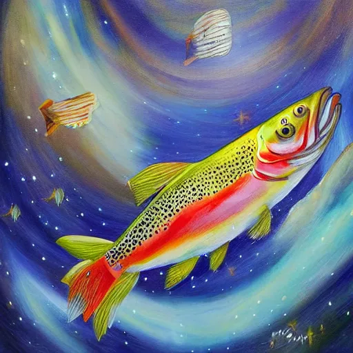 Prompt: a painting of a trout swimming in outer space, naushadarts