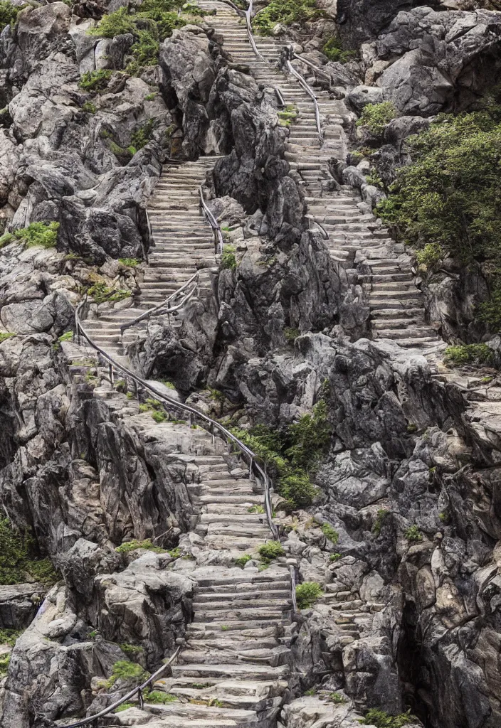 Prompt: kodak portra 4 0 0, photographic and realistic epic vast staircase carved into rock cliff side, photorealistic, hyper detailed, 8 k, movie still, artstation, unreal engine,