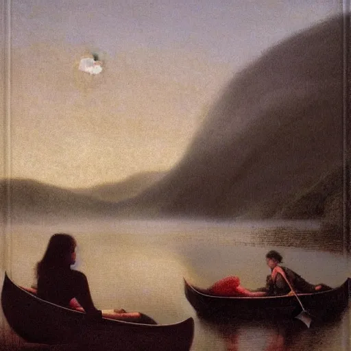 Image similar to “ girls sitting in canoe, on the hudson river, holding beer!!!!!!!!, mountains in fog, painting, by odd nerdrum ”