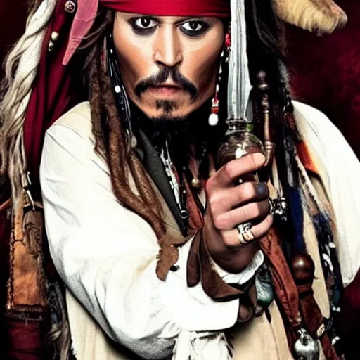 Image similar to johnny depp as a captain jack sparrow having a coca - cola