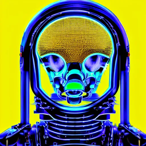 Image similar to hyperdetailed portrait of an atompunk robot head, 8 k, symetrical, flourescent colors, halluzinogenic, black background