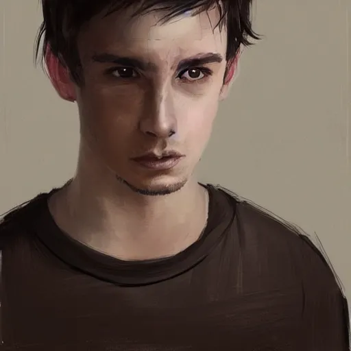 Image similar to Portrait of a man by Greg Rutkowski, he is about 20 years old, mixture between french and spanish, short brown hair with bangs, manly, attractive, wide forehead, sturdy, he is horrified but resigned looking at the computer screen knowing the schedule for the second semester, he is wearing a black t-shirt, highly detailed portrait, dystopian, digital painting, artstation, concept art, smooth, sharp foccus ilustration, Artstation HQ