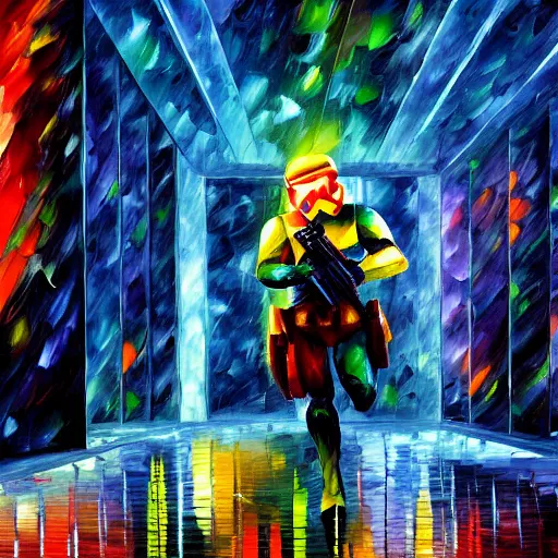 Prompt: A Neon Dark Trooper scanning a room with pulsating laser, artwork by Leonid Afremov