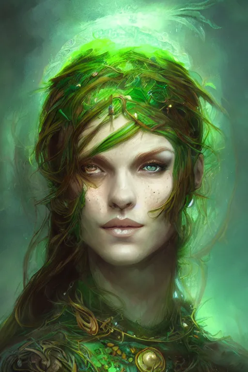 Image similar to female druid, perfect face, thin antlers, green tunic, ginger hair, cinematic, freckles, stunning, muscular, abs, highly detailed, psychedelic, digital painting, artstation, smooth, hard focus, illustration, art by jessica rossier and and brian froud