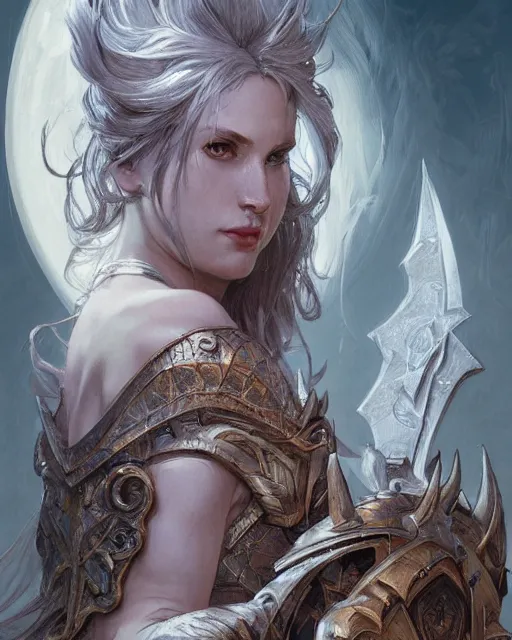 Image similar to Portrait of a Fantasy white knight, moonlit, HD, illustration, epic, D&D, fantasy, intricate, elegant, highly detailed, digital painting, artstation, concept art, smooth, sharp focus, illustration, art by artgerm and greg rutkowski and alphonse mucha, monster hunter illustrations art book