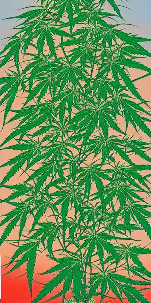 Image similar to A modern fine-art Chinese shanshui painting of cannabis tree with dank buds ready to harvest, full of amber trichome