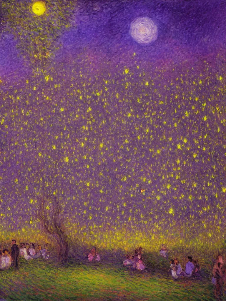 Prompt: gauzy twilight impressionist painting of fireflies in my backyard with an old apple tree in a purple cast with people! dancing in the moonlight, moon in right of sky, little city, intense purplish color oil painting by claude monet and piet mondrian, cosmic trending on artstation 8 k