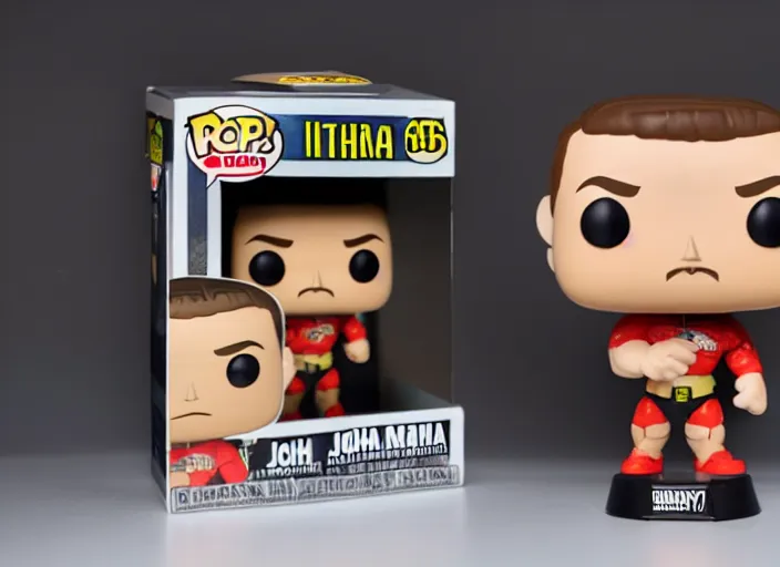 Prompt: product still of John Cena funko pop with box, 85mm f1.8