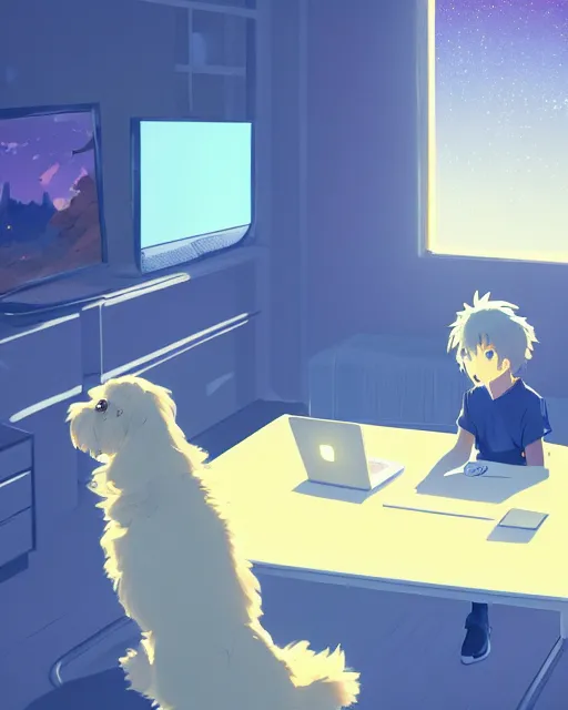 Image similar to a boy and a goldendoodle dog are sitting at a desk in front of a bright computer screen in a bedroom by night, anime concept art, illustrated by Makoto Shinkai, 4k