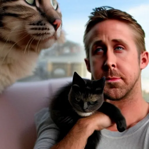 Prompt: ryan gosling getting mugged by a cat