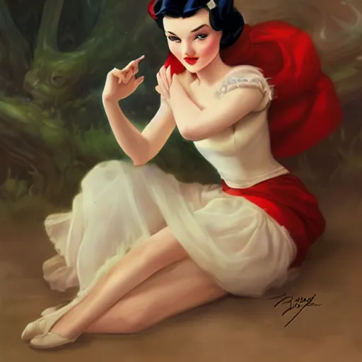 Prompt: a pinup of beautiful snow white by charlie bowater and anna dittmann and gil elvgren.