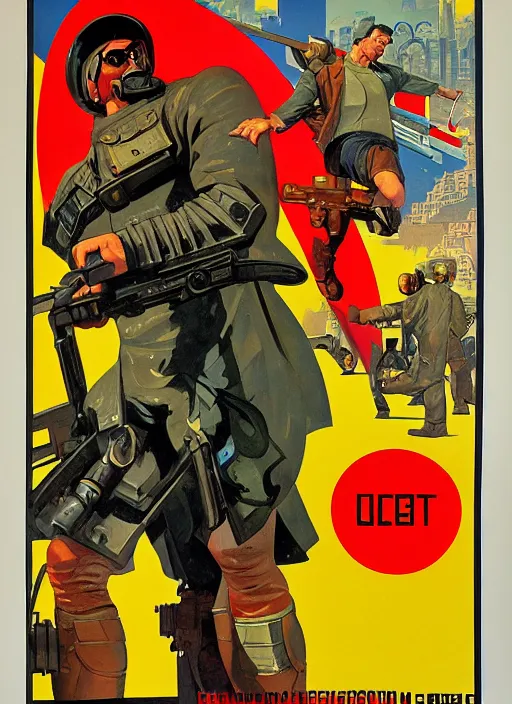 Image similar to soviet propaganda poster. cyberpunk heavy weapons guy. portrait by jean giraud and anton otto fischer and john philip falter and will eisner and gil elvgren