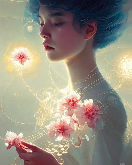 Prompt: harmony of the spheres, fractal crystal, jasmine flower, ( beauty portrait ) by wlop, james jean, victo ngai, beautifully lit, muted colors, highly detailed, fantasy art by craig mullins, thomas kinkade