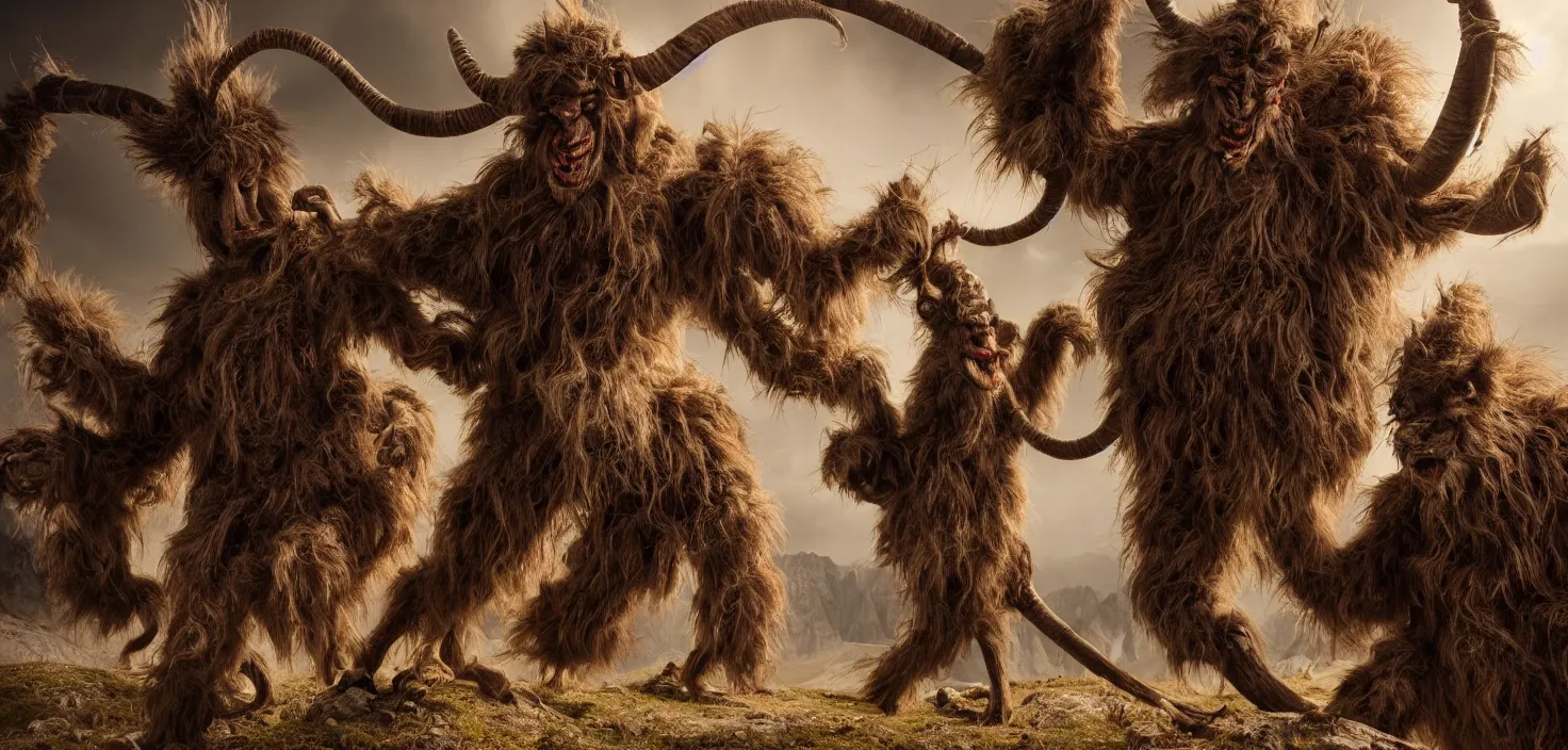 Prompt: hyperrealist highly detailed neo-baroque photography of krampus hay monsters standing in dolomites concept art pascal blanche dramatic studio lighting 8k wide angle shallow depth of field