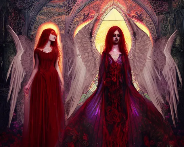 Prompt: three stunning otherworldly gothic goddesses with beautiful angelic faces, wearing psychedelic wicca, in wedding dresses, red neon roses, full body, dark and mysterious, atmospheric, ominous, eerie, cinematic light, epic, 8 k 3 d, ultra detail, ultra realistic, by wlop, by mucha