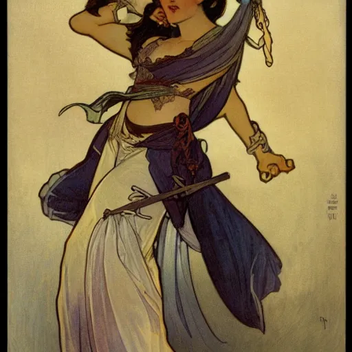 Image similar to female pirate, painted by alphonse mucha