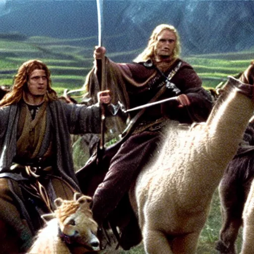 Image similar to still from lord of the rings showing the ride of the rohirrim, riding toward minas tirith on alpacas