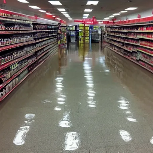 Image similar to picture of a flooded store, store flooded with water, water everywhere, water at knee height, target store aisle