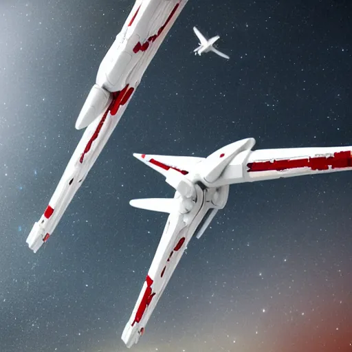 Prompt: two sleek white very long intricate spacecraft with red markings, flying in formation, no wings, highly detailed, photorealistic, cinematic, sci-fi, octane render, bird\'s eye view, background of stars and galaxies