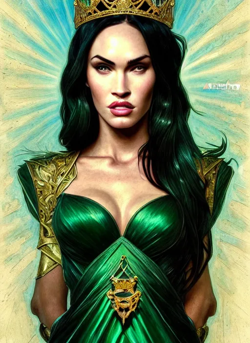 Image similar to portrait of megan fox as a queen, throne, jewelry, greek, emerald, intricate, headshot, highly detailed, digital painting, artstation, concept art, sharp focus, cinematic lighting, illustration, art by artgerm and greg rutkowski, alphonse mucha, cgsociety