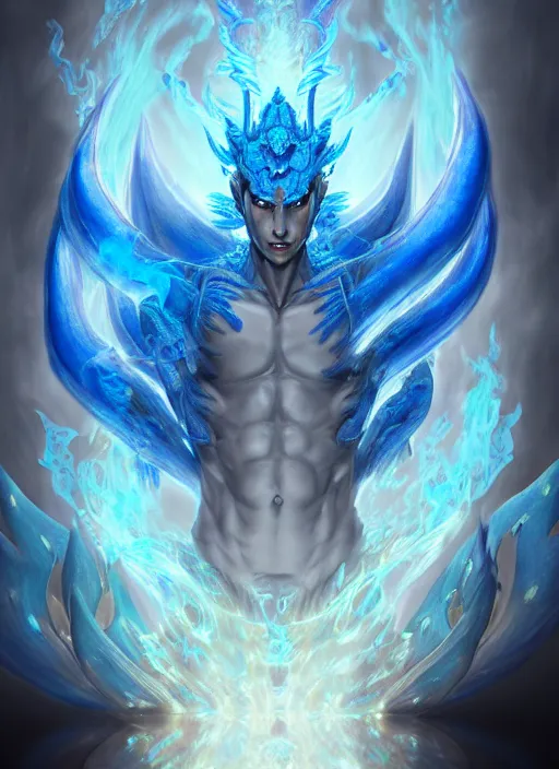 Image similar to muscular and tall blue ghostly fire humanoid dragon!!!! draconian!! intricate ornate iridescent exoesqueleton!! character concept art, sharp focus, octane render! unreal engine 5! highly rendered!! trending on artstation!! detailed linework!! illustration by artgerm, wlop, and chie yoshii