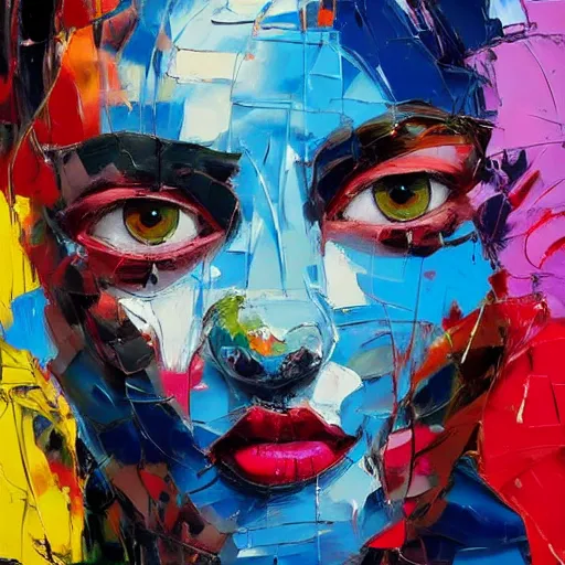 Prompt: Do You Know De Wae Acrylic Paint, Dried Acrylic Paint, Dynamic Palette Knife Oil Paintings, Vibrant Palette Knife Portraits Radiate Raw Emotions, Full Of Expressions, Palette Knife Paintings by Francoise Nielly