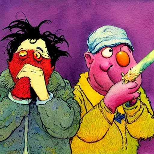 Image similar to a realistic and atmospheric watercolour fantasy character concept art portrait of bert and ernie with pink eyes smoking a huge blunt with a pot leaf nearby by rebecca guay, michael kaluta, charles vess and jean moebius giraud