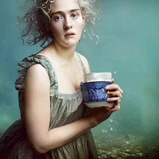 Prompt: A 18th century, messy, silver haired, mad Ophelia ((young Kate Winslet)), dressed in a ((ragged)), wedding dress, is ((drinking a cup of tea)). Everything is underwater! and floating. Greenish blue tones, theatrical, (((underwater lights))), high contrasts, oil canvas by John Everett Millais's Ophelia