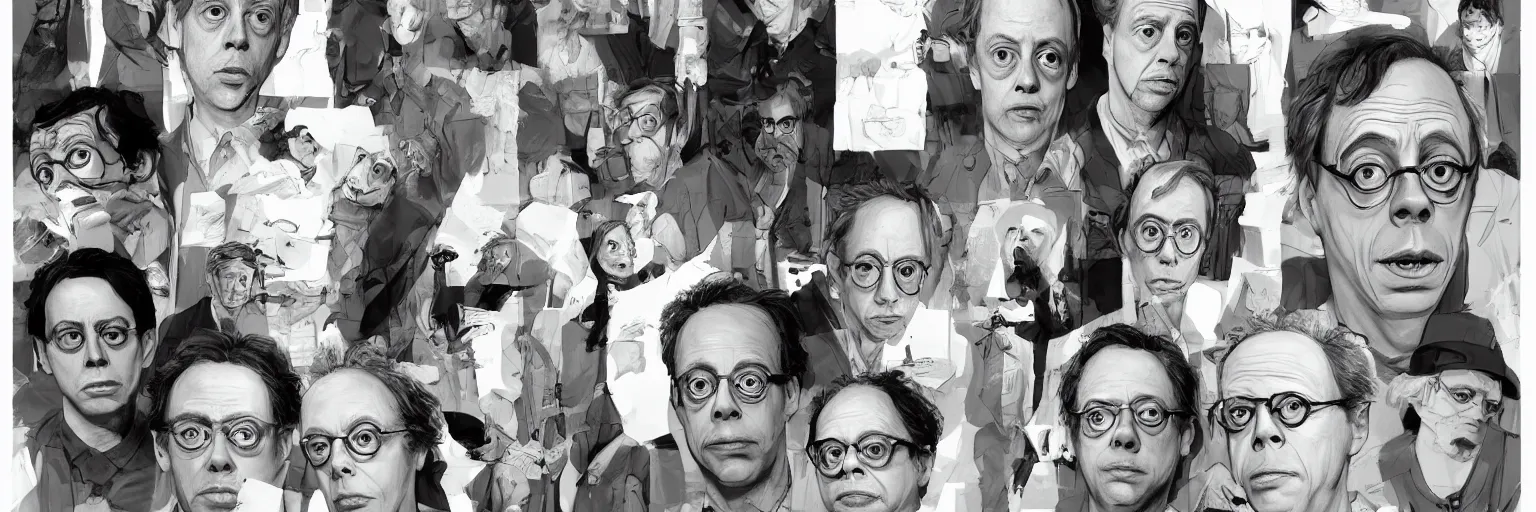 Image similar to character study of todd solondz and steve buscemi and charlie kaufman, 2 0 2 2, clear faces, emotional, character sheet, fine details, concept design, contrast, kim jung gi, pixar and da vinci, trending on artstation, 8 k, full body and head, turnaround, front view, back view, ultra wide angle