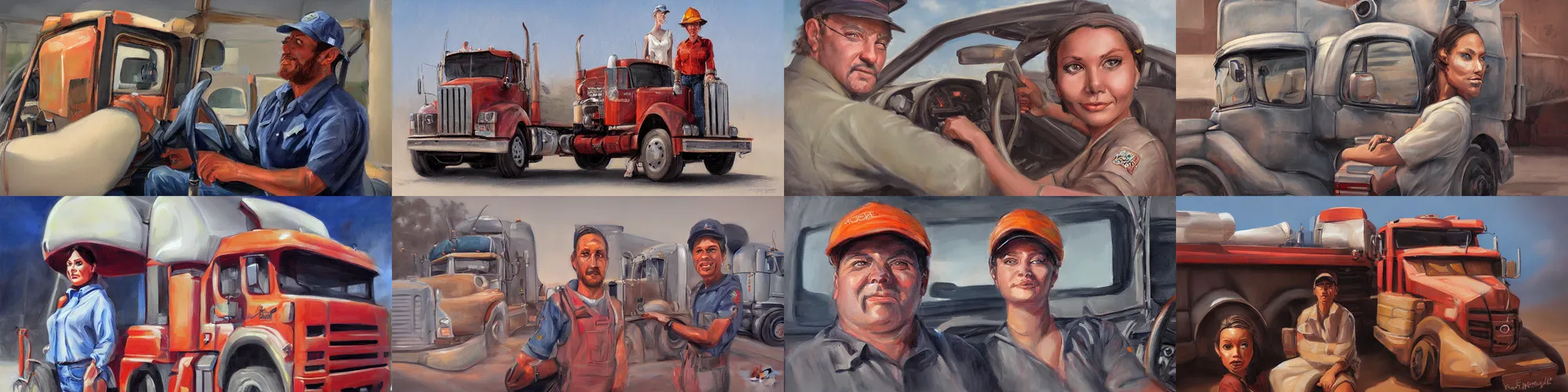 Prompt: portrait painting of truck driver and angelina joile by eddie mendoza and tyler edlin