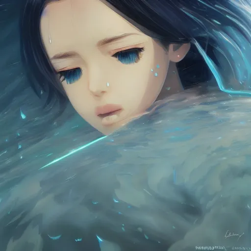 Prompt: water dripping on rimuru tempest crying, enveloped in galactic trails, sky blue straight hair, bangs, with amber eyes, black jacket, high collar, ultra detailed, euphoric, masterpiece, digital painting, psychedelic, cinematic, wlop, pixiv, ilya kuvshinov, ross tran