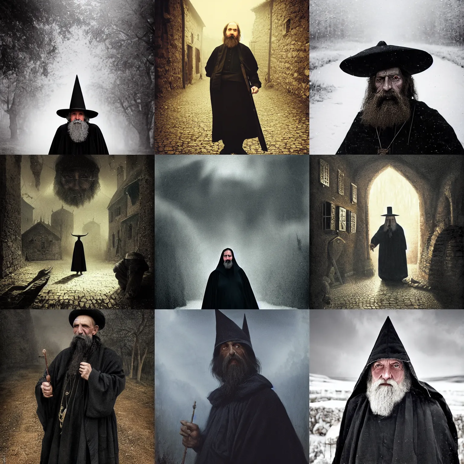 Prompt: portait of a 1 9 th century old hungarian wizard in a hungarian village, dressed in black. atmospherical, magical, natural lighting, dust, soft focus, oil canvas by munkacsi, greg rutkowsk, marc simonetti, hollosy simon and da vinci